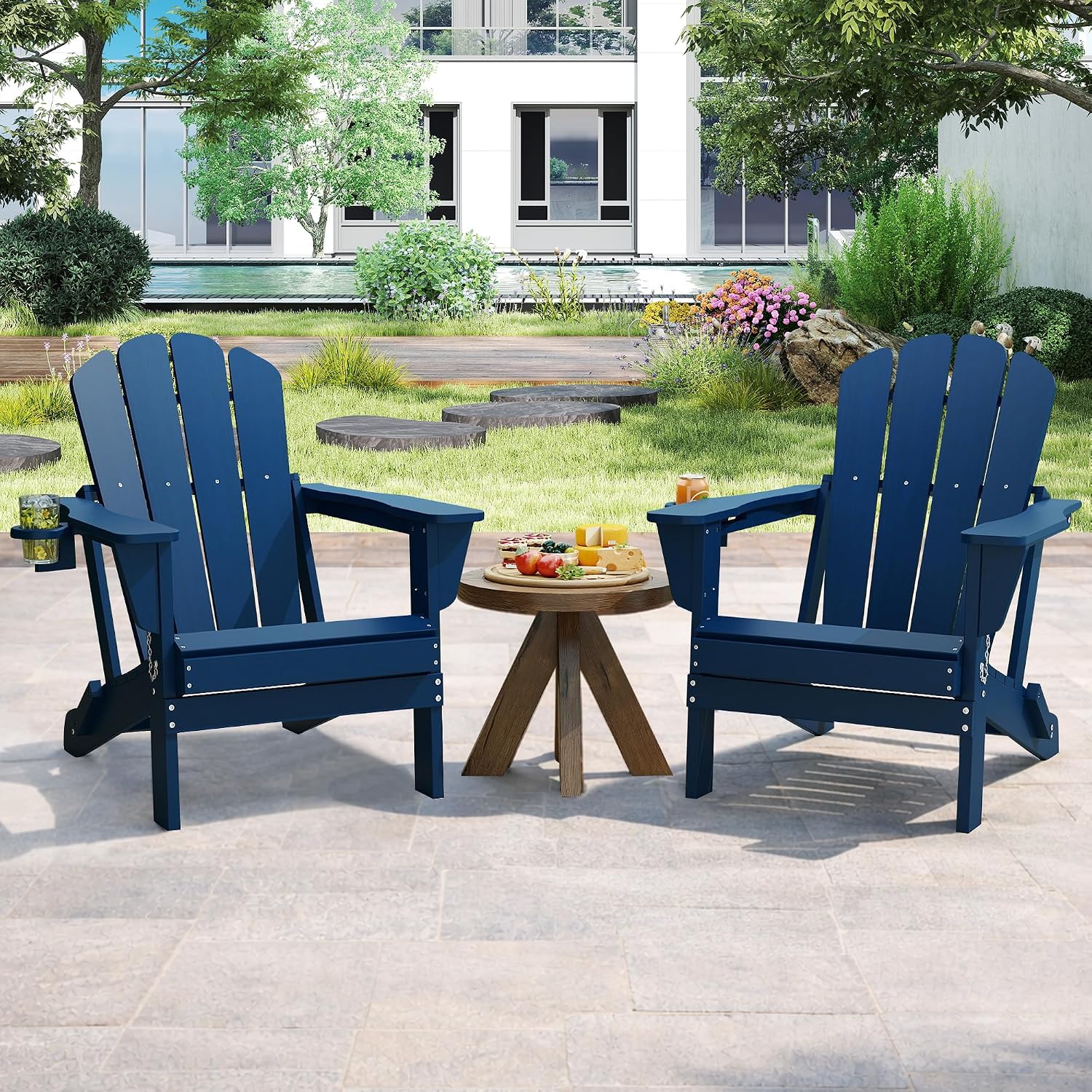 Domi Folding Adirondack Chair Set of 2, HDPE All-Weather Adirondack Chairs with Cup Holder, Outdoor Plastic Fire Pit Chairs Wood Texture for Poolside, Patio, Backyard, Deck (Blue)