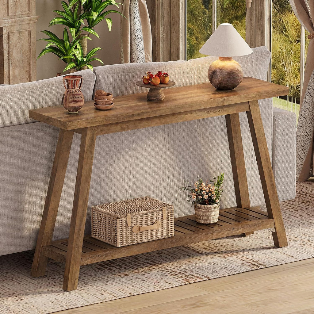 47.2" Farmhouse Entryway Table, 2-Tier Modern Wooden Console Sofa Table with Open Storage, Long Narrow Accent Table for Entrance, Foyer, Hallway, Living Room & Behind Couch (Brown)
