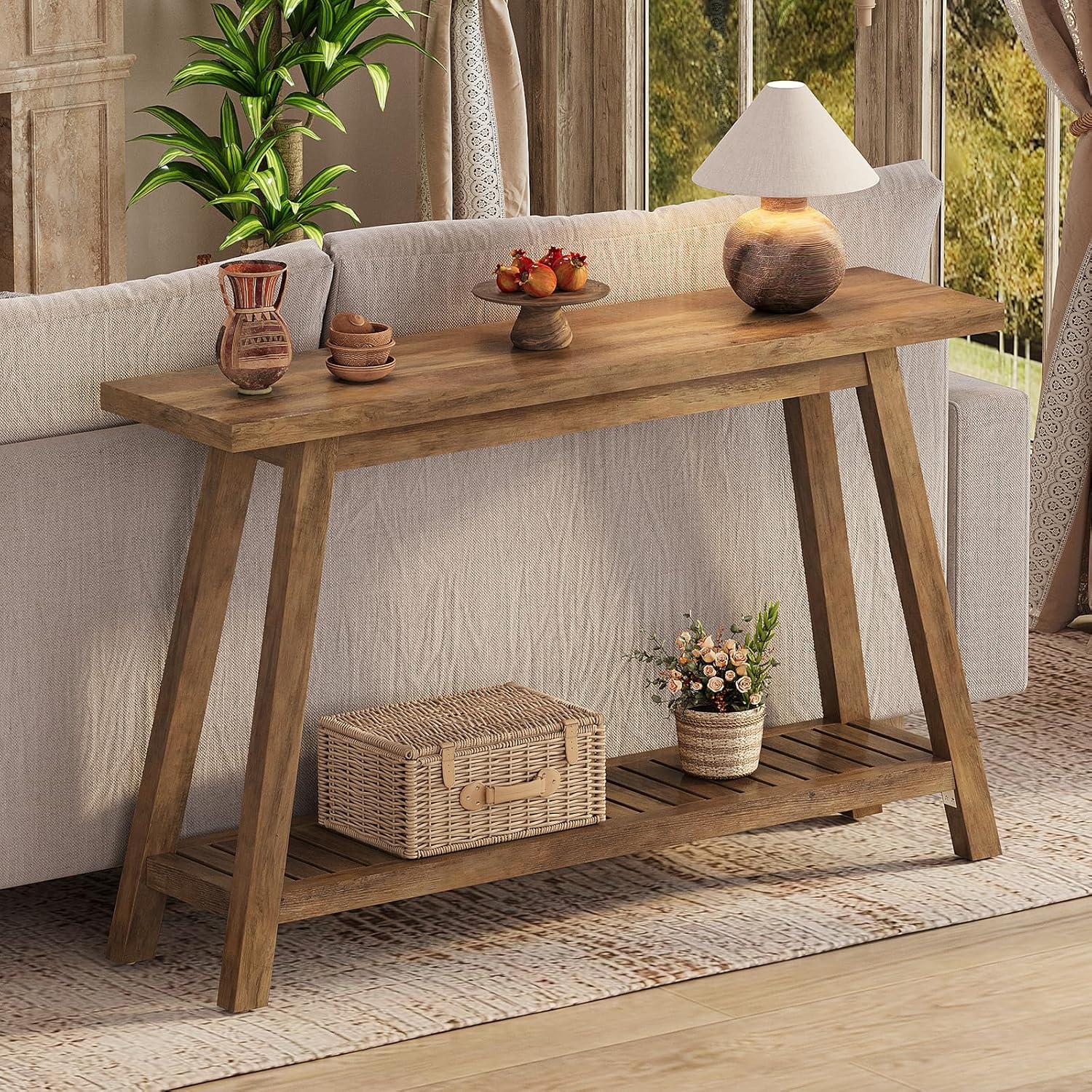47.2" Farmhouse Entryway Table, 2-Tier Modern Wooden Console Sofa Table with Open Storage, Long Narrow Accent Table for Entrance, Foyer, Hallway, Living Room & Behind Couch (Brown)