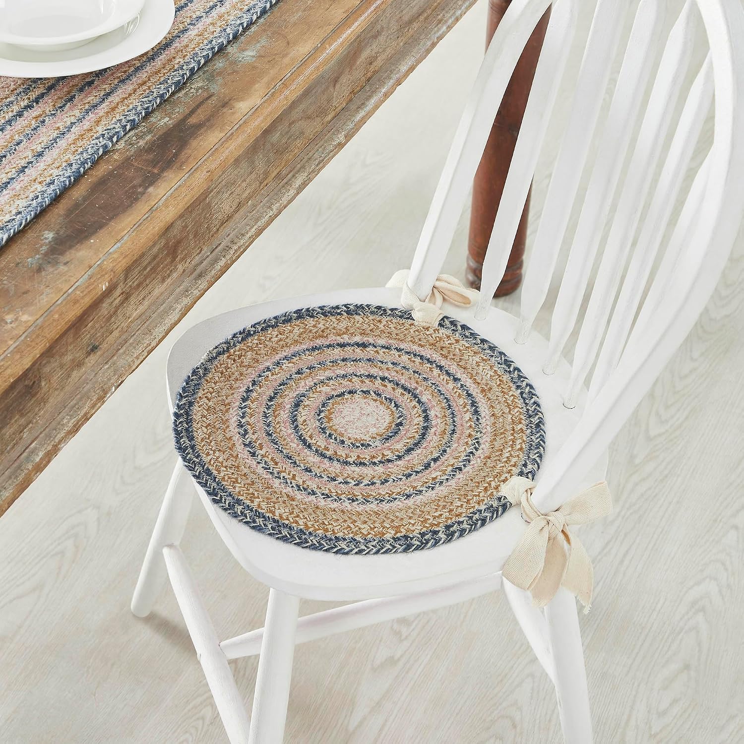 VHC Brands Kaila Farmhouse 15 in Chair Pad Blue Textured Jute Striped Round Kitchen Table Decor, Set of 2