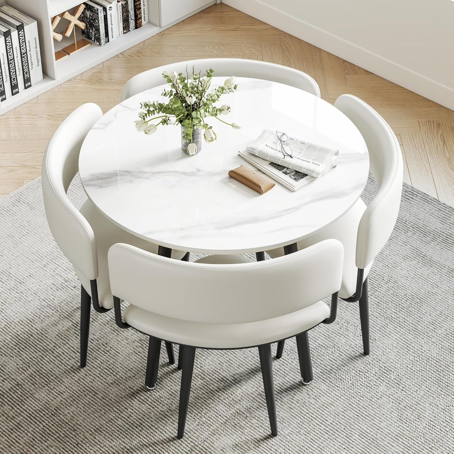 Round Sintered Stone Table Chair Set for 4, Modern Dining Table & Commercial Office Reception Conference Table