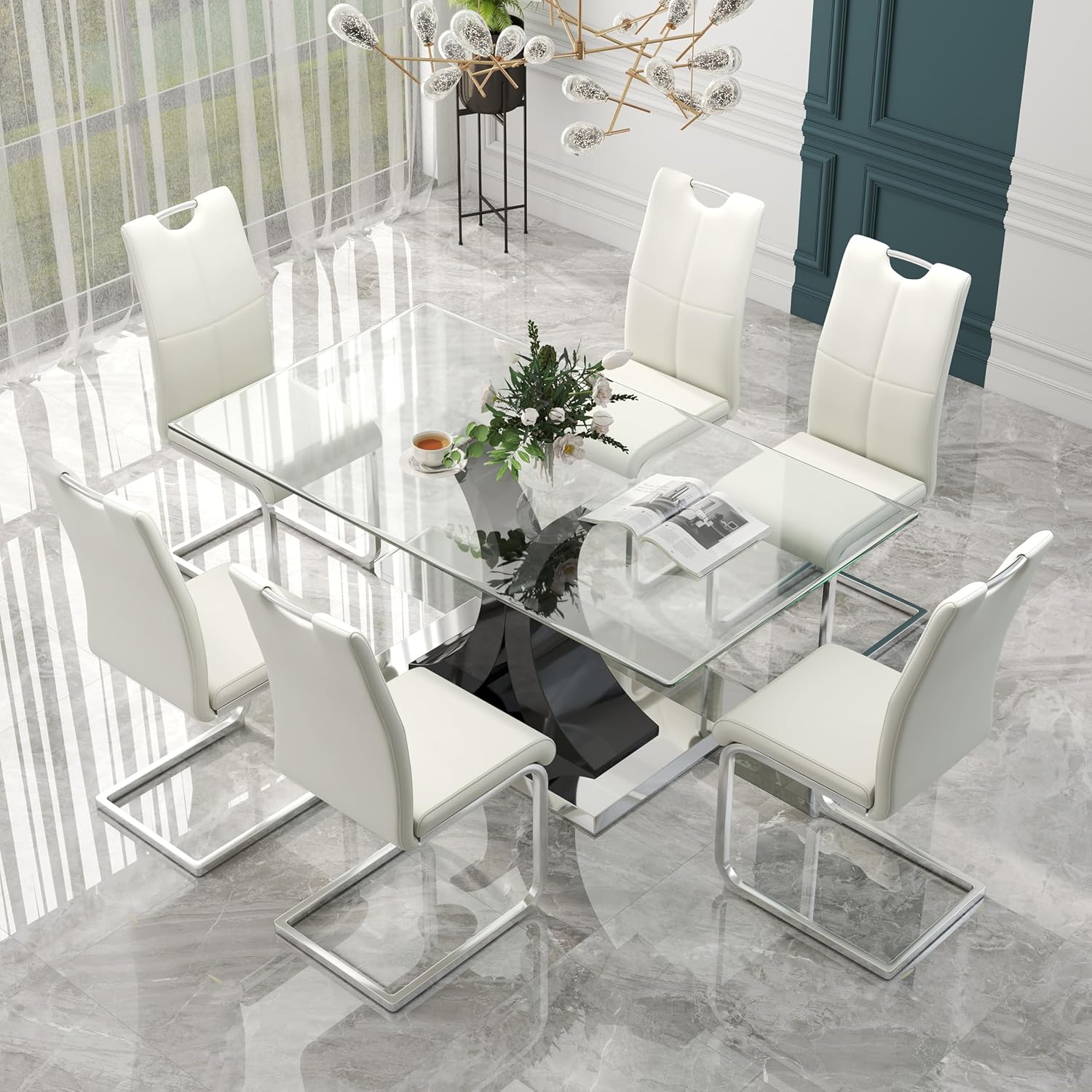 Modern Luxury Glass Dining Table for 4-6, 63'' Clear Minimalist Glass Top Kitchen Table, Large Apartment Rectangle Dinner Room Table with Black MDF & Silver Stainless Steel Base, for Home