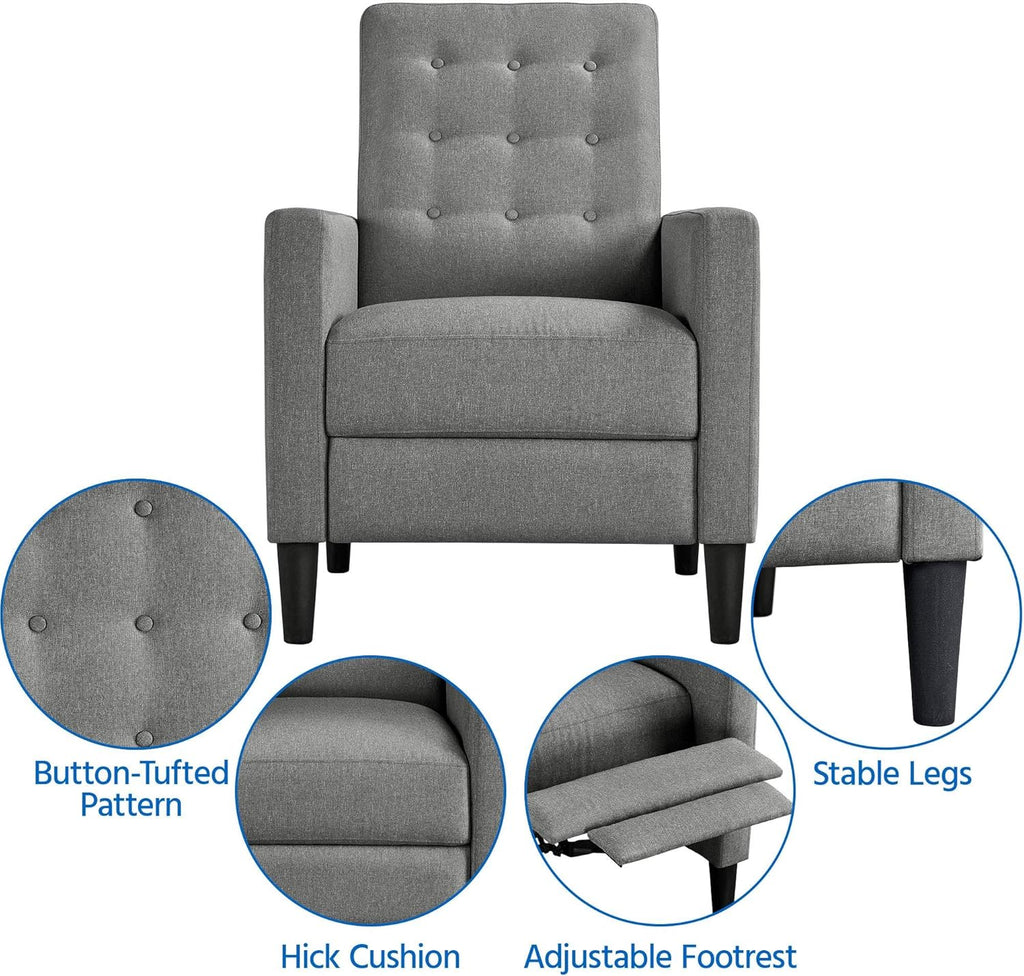 Yaheetech Fabric Recliner Chair with Adjustable Back & Footrest, Mid-Century Modern Accent Armchair Reading Chair, Tufted Upholstered Sofa with Pocket Spring for Living Room Bedroom Gray