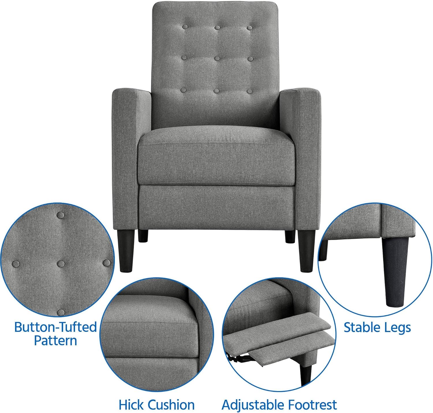 Yaheetech Fabric Recliner Chair with Adjustable Back & Footrest, Mid-Century Modern Accent Armchair Reading Chair, Tufted Upholstered Sofa with Pocket Spring for Living Room Bedroom Gray