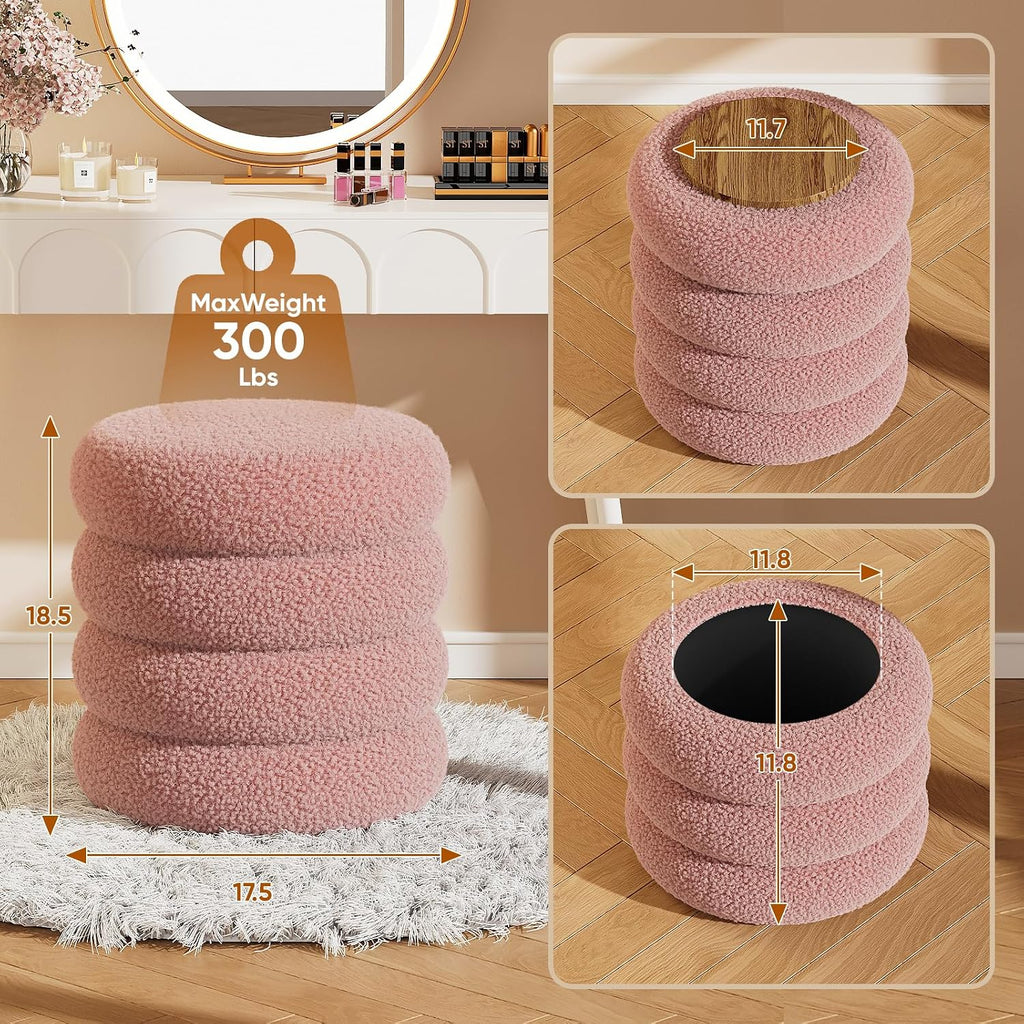 Soft Teddy Round Ottoman with Tray, 17.5 Inches Ottoman Coffee Table with Storage for Living Room, Vanity Stool with Storage Bedroom, Load up to 300 lb, No Assembly Required (Dusty Pink)
