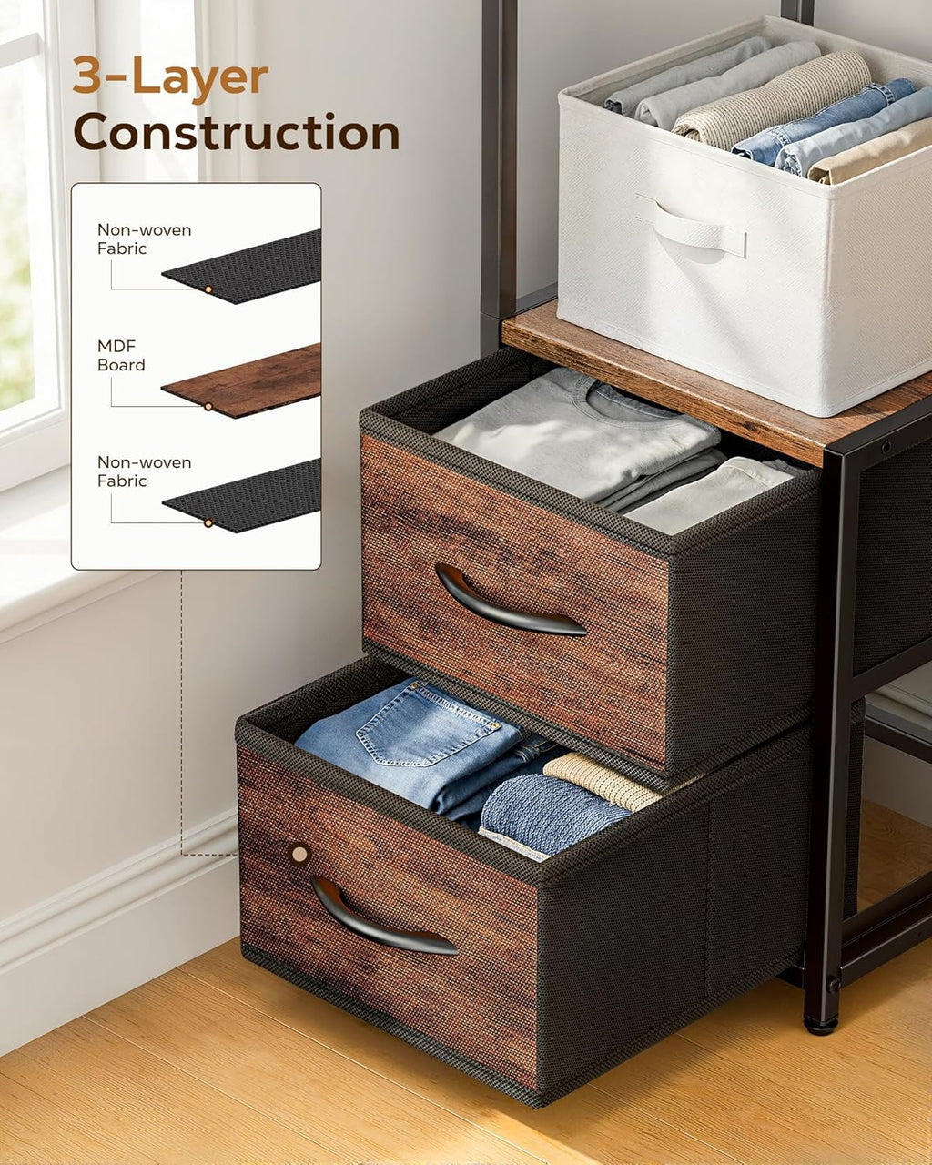 Housolution Corner Shelf Stand with Storage, 63.4'' Tall 6-Tier Corner Bookshelf Includes Fabric Drawers, Freestanding Corners Storage Shelf for Living Room Bedroom Kitchen Bathroom (Black + Brown)