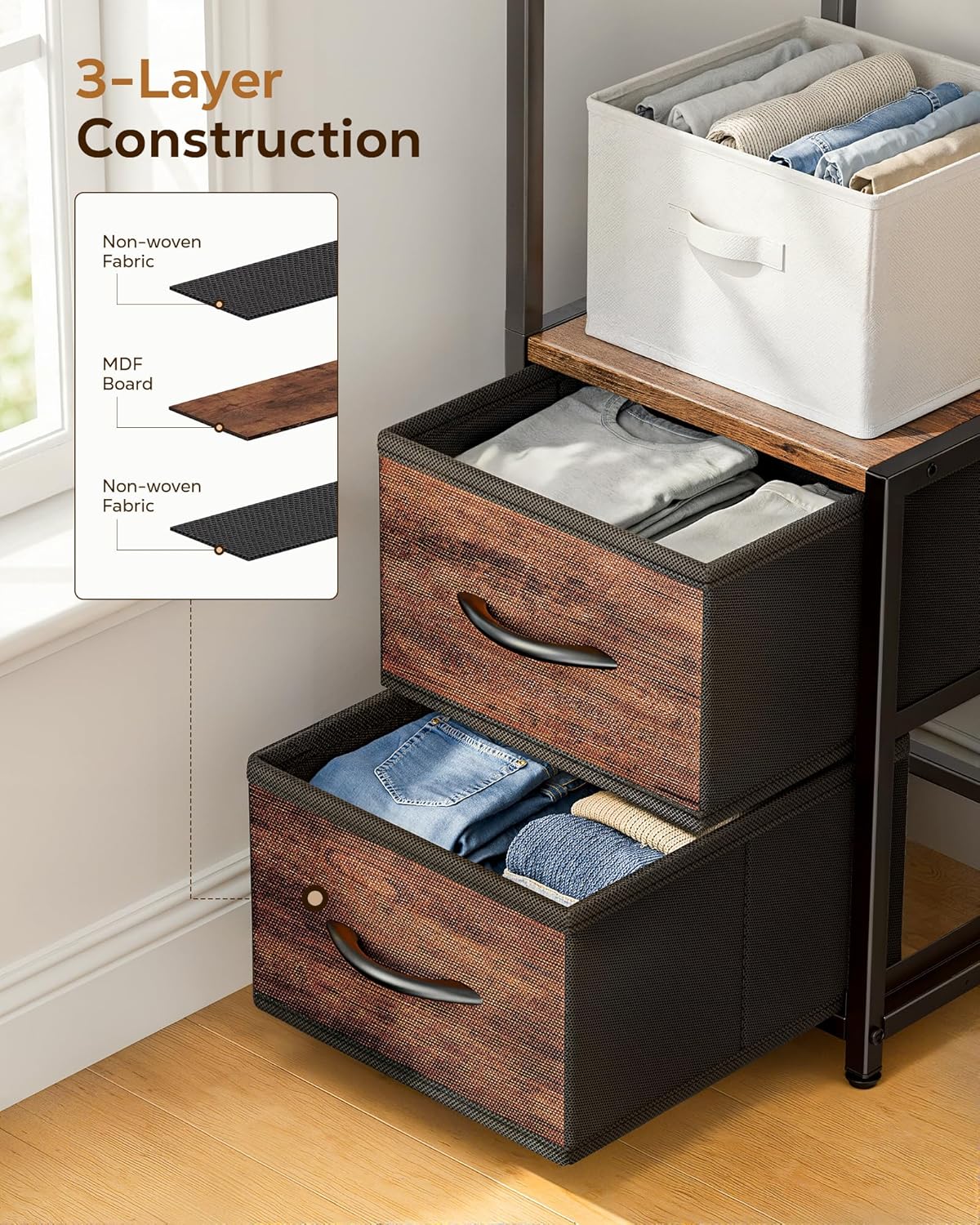 Housolution Corner Shelf Stand with Storage, 63.4'' Tall 6-Tier Corner Bookshelf Includes Fabric Drawers, Freestanding Corners Storage Shelf for Living Room Bedroom Kitchen Bathroom (Black + Brown)
