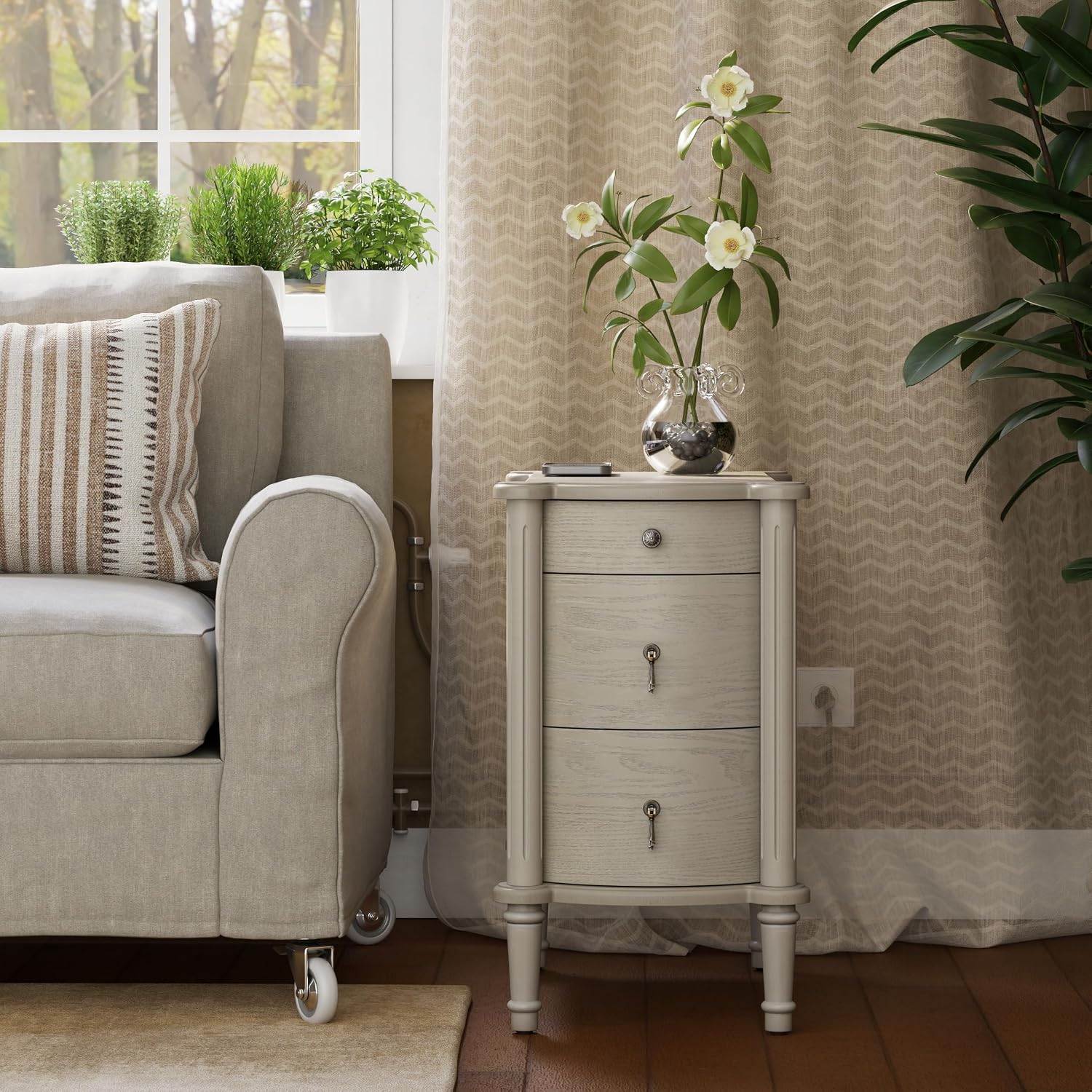 COZAYH Farmhouse 3 Drawer Nightstand with Charging Station, Bedside Table with Vintage Bronze Handles for Bedroom, Almost Fully Assembled, Solid Pine Legs, Distressed Finish, Rustic Gray