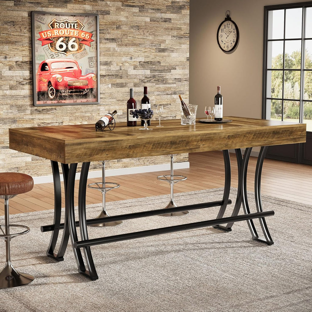 Tribesigns 63" Counter Height Bar Table with Metal Footrest, Rectangular Tall Kitchen Dining Pub Table, Industrial Home Bar Unit for Entertaining, Freestanding, Dark Brown