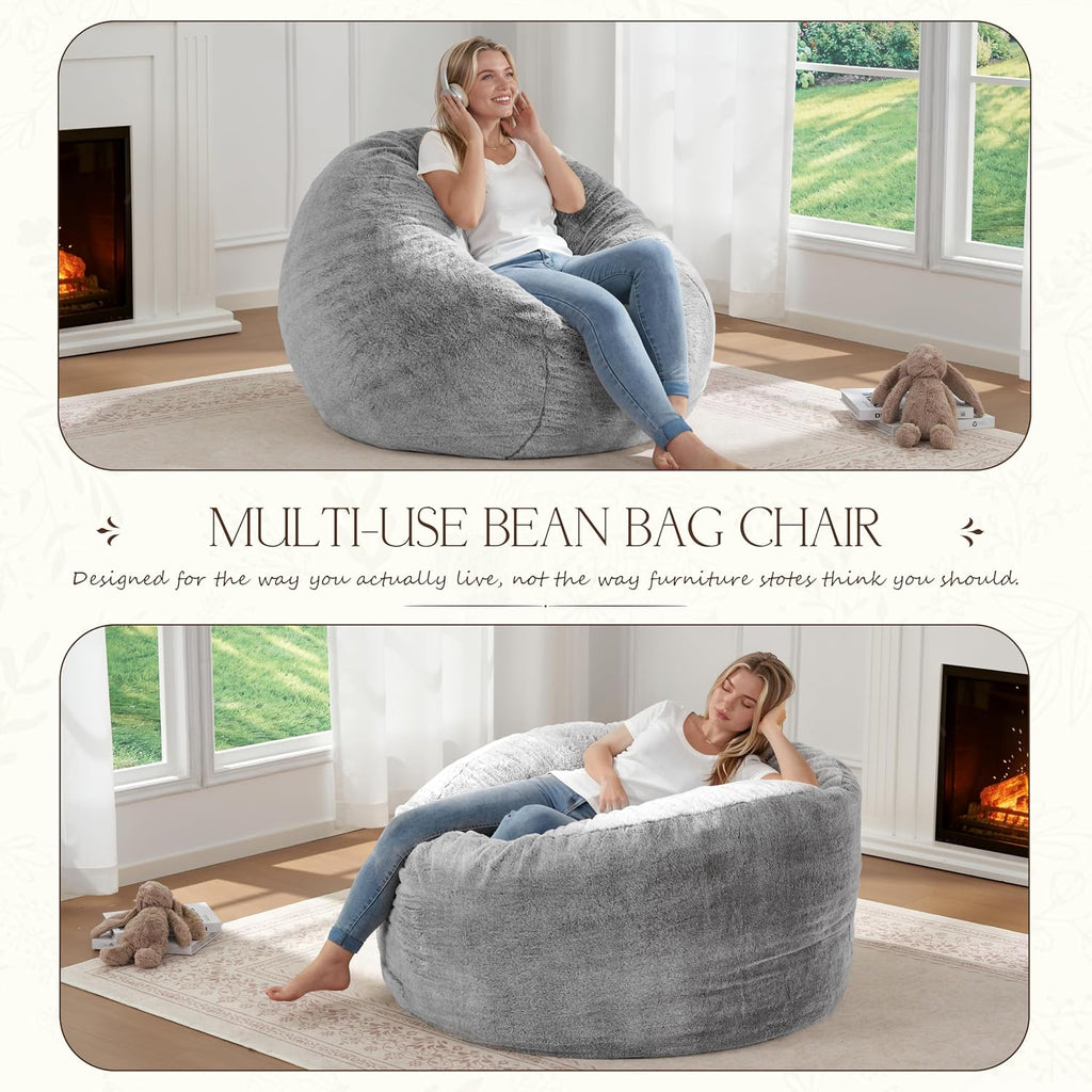 ZurNesfure Bean Bag Chair for Adults, 3FT Giant Bean Bag with Filler & Machine Washable Cover, Fluffy Bean Bag Chairs Oversized Beanbag Lounge Chair for Living Room, Bedroom Dorm (Grey, Medium)