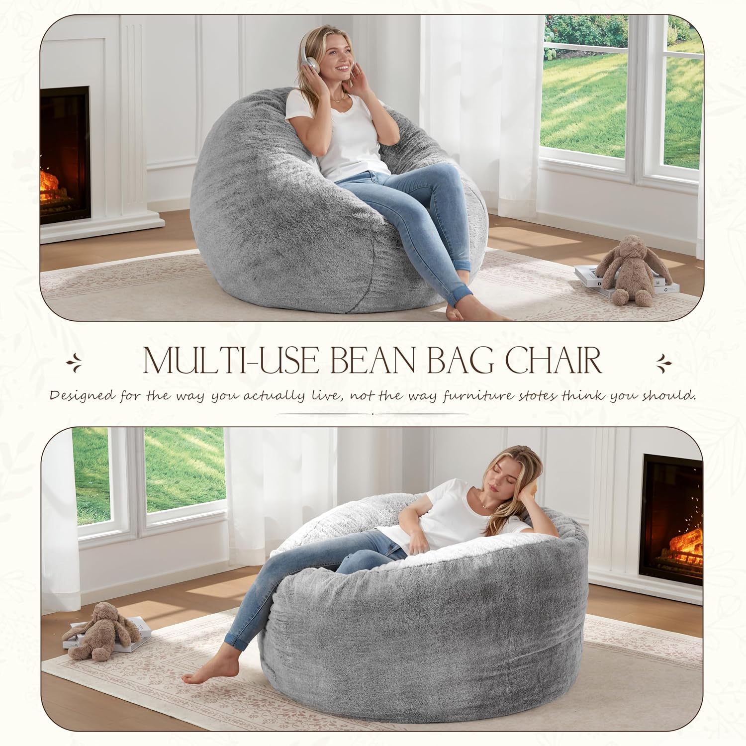 ZurNesfure Bean Bag Chair for Adults, 3FT Giant Bean Bag with Filler & Machine Washable Cover, Fluffy Bean Bag Chairs Oversized Beanbag Lounge Chair for Living Room, Bedroom Dorm (Grey, Medium)