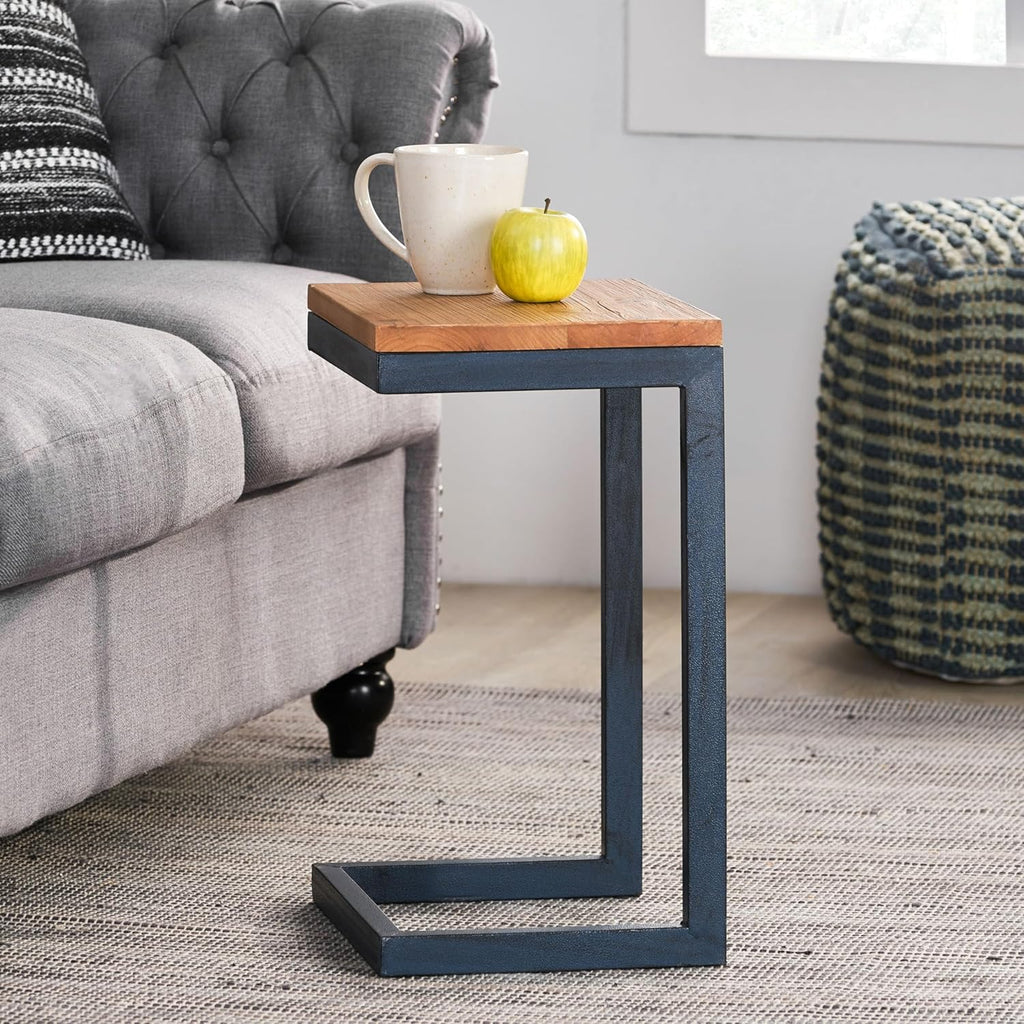 Christopher Knight Home Abithb C-Shaped Accent Table, Industrial Antique Iron Base Side End Table with Natural Fir Wood Top, Wooden Sofa Side Furniture for Living Room, Bedroom, Office, 19" H