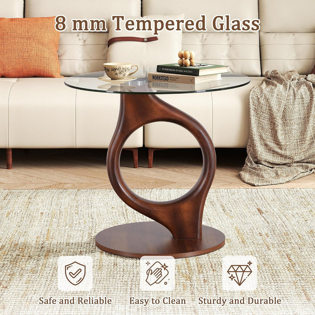 27.5” Large Glass End Table, Round Side Tables with Tempered Glass Tabletop, Modern Night Stand Sofa Table, Small Coffee Table with Wooden Base for Living Room Office Bedroom, Walnut