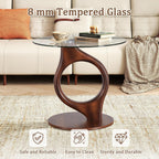 27.5” Large Glass End Table, Round Side Tables with Tempered Glass Tabletop, Modern Night Stand Sofa Table, Small Coffee Table with Wooden Base for Living Room Office Bedroom, Walnut