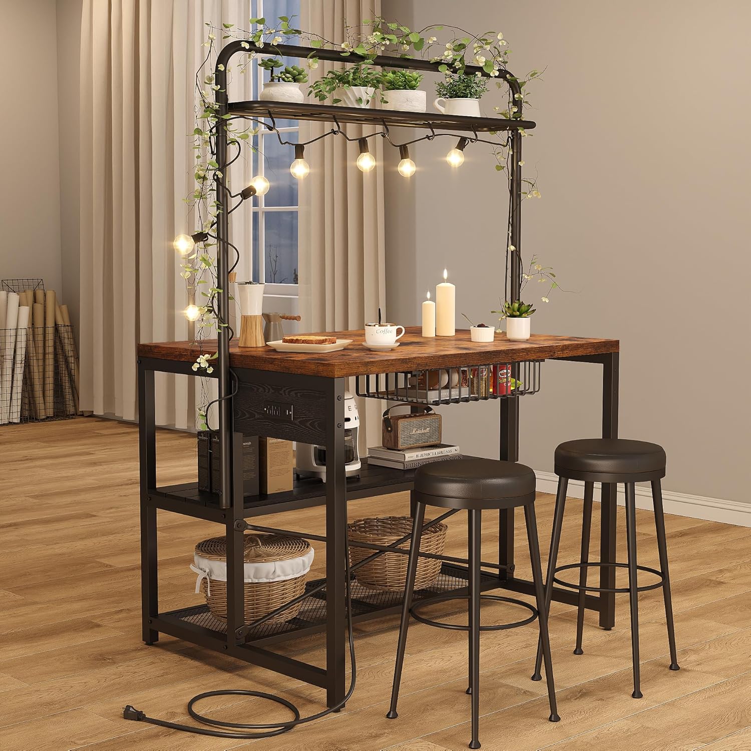 Jocoevol Kitchen Island with Storage, Bakers Rack with Storage & 3-Tier Shelves, Microwave Stand Coffee Bar Table with Hooks, Industrial Kitchen Island Table for Dining Living Room,Vintage