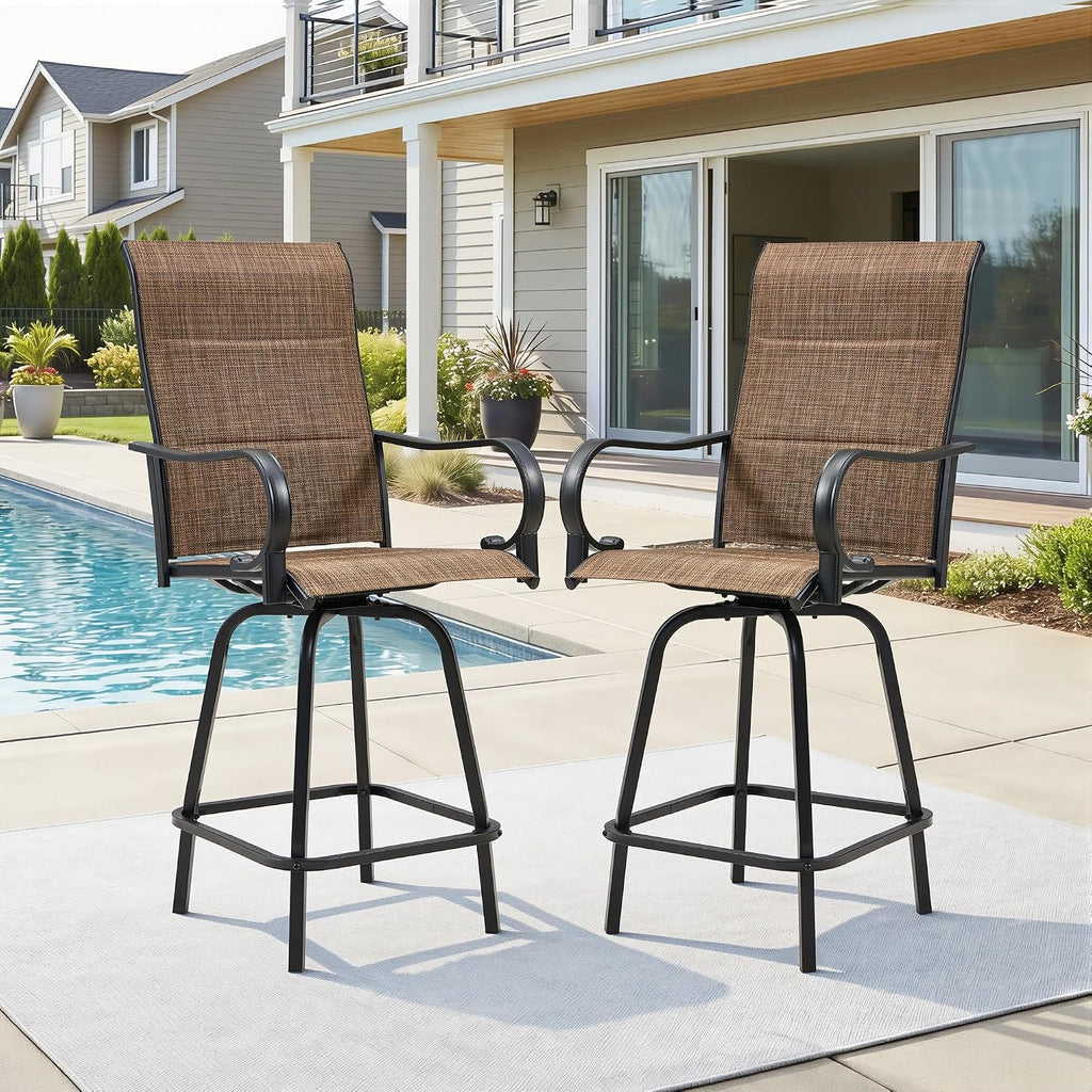 HOMREST Outdoor Swivel Bar Stools Set of 2, High Patio Swivel Bar Chairs with Padded Back & Seat, All-Weather Textilene Tall Patio Chair with Curved Armrest & Metal Footrest for Outside,Dark Brown