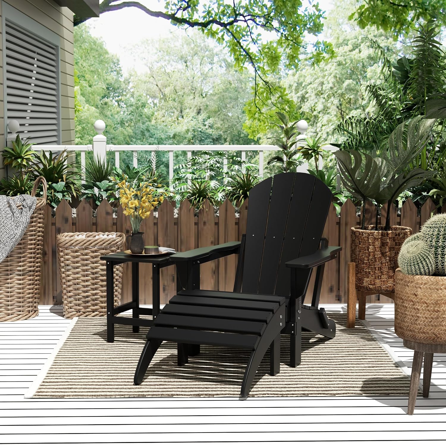 WestinTrends Malibu Outdoor Lounge Chairs, 3-Pieces Adirondack Chair Set with Ottoman and Side Table, All Weather Poly Lumber Patio Lawn Folding Chair for Outside Pool Garden Backyard, Black