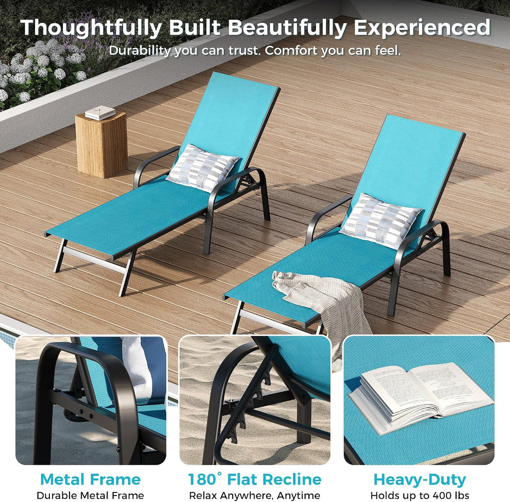 Garvee Outdoor Lounge Chair, Adjustable Patio Reclining Chaise with Textilene Fabric, Pool Lounge Chair with 5-Position Backrest for Patio, Garden, Poolside & Balcony,Sky Blue Set of 4