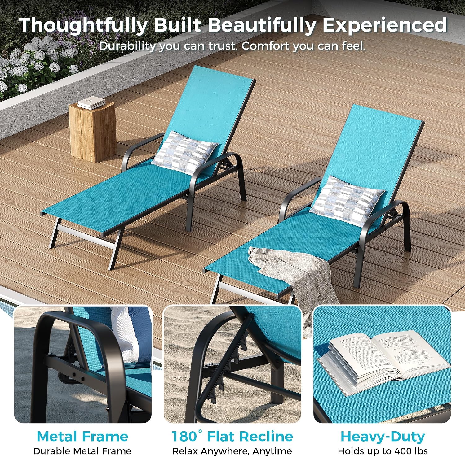 Garvee Outdoor Lounge Chair, Adjustable Patio Reclining Chaise with Textilene Fabric, Pool Lounge Chair with 5-Position Backrest for Patio, Garden, Poolside & Balcony,Sky Blue Set of 4