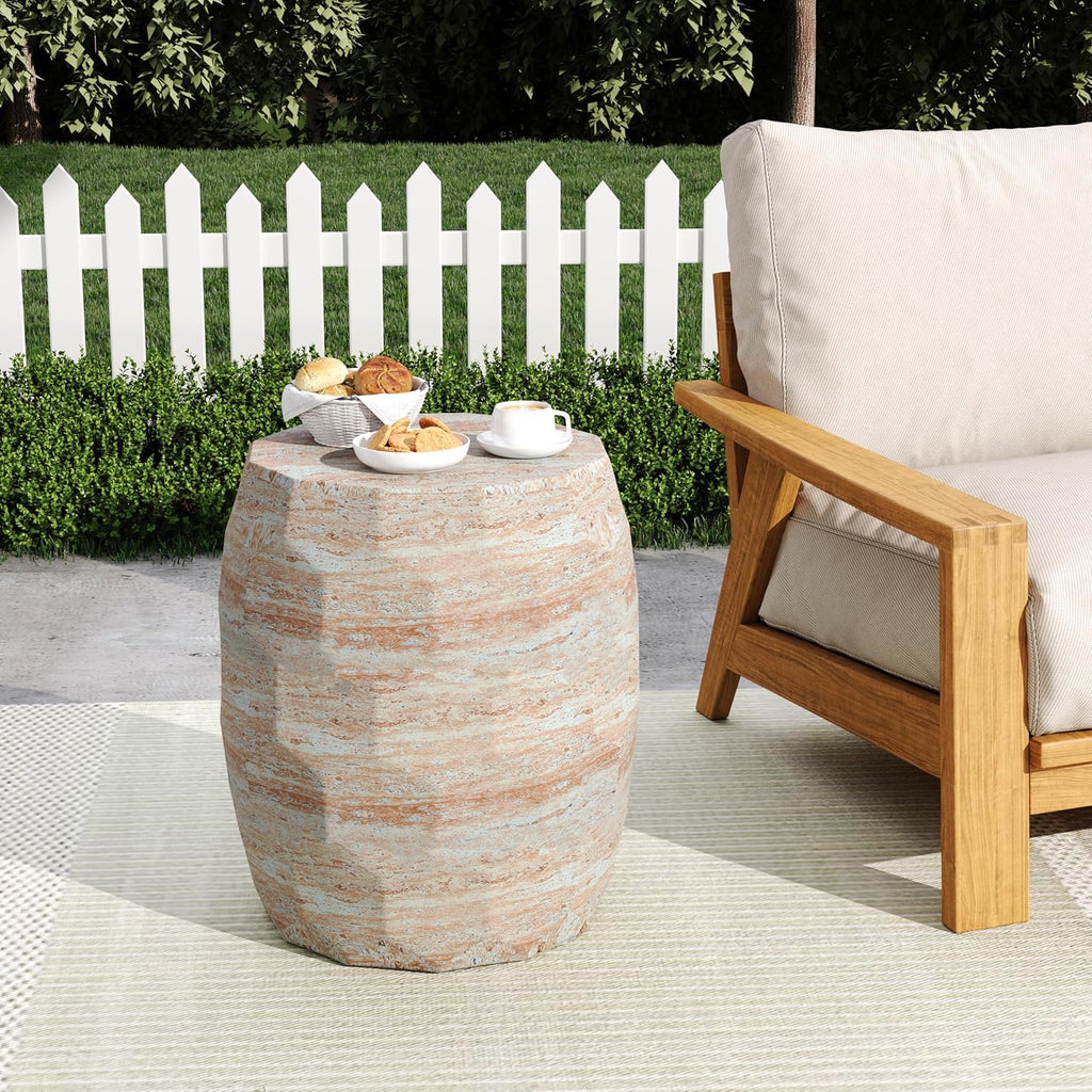 Lightweight Concrete Side Table with Travertine Finish - 15.25" Indoor Outdoor Accent Table Beige End Table for Patio Living Room Bedroom