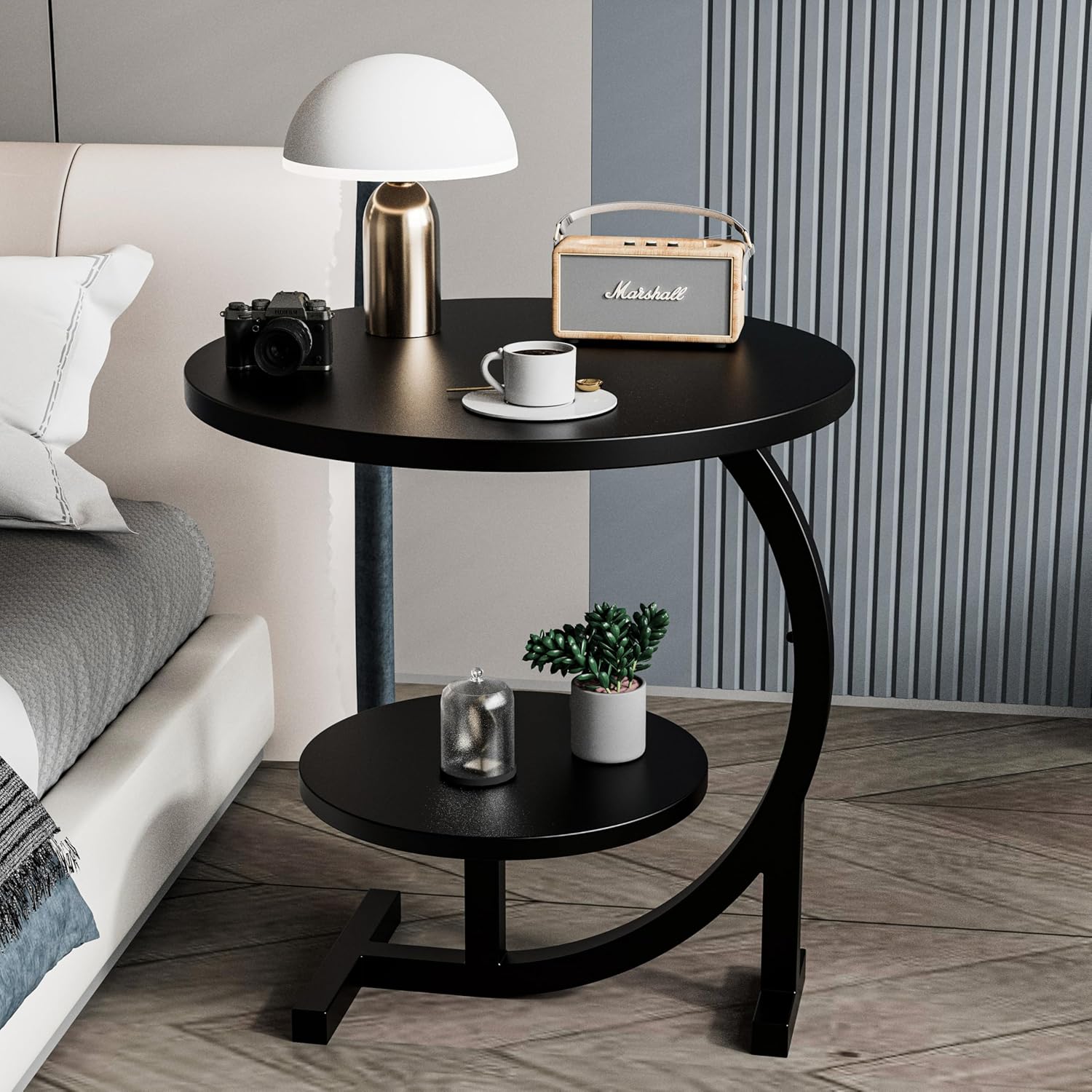 C-Shaped End Table,2 Tiers Round Side Table,Sofa Small Side Table for Living Room, Bedroom,Bedside Small Space,Black