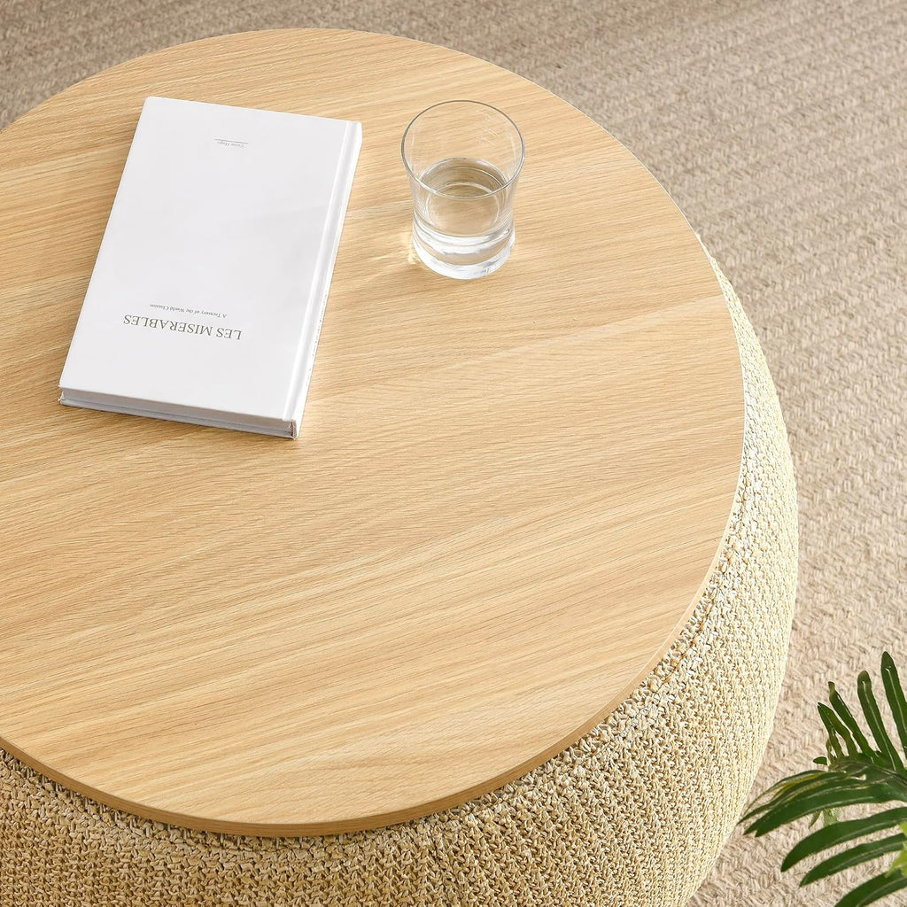 Modern Round Storage Ottoman with Wooden Top,Handmade Luxury Pleated Circle Fabric Storage Ottoman Coffee Table,End Table & Footstool for Living Room（Natural）