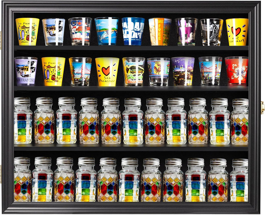 Shot Glass Shooter Display Case Small Wall Curio Cabinet for Salt & Pepper Shaker Display Also Compatible with Funko Pop Figures, Nodder Wobbler Figures - Black Frame
