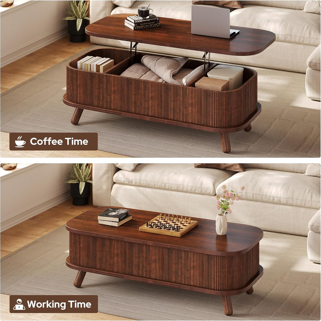 knoworld Fluted Lift Top Coffee Table with Storage, 47" Oval Coffee Table with 3-Partition Hidden Compartment, Mid Century Modern Wood Center Table for Living Room, Work & Dining from Sofa, Walnut
