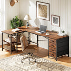 Huuger 55 Inch L Shaped Desk with Fabric Drawers, Reversible Computer Gaming Desk with Power Outlets and USB-C Port, Adjustable Side Storage Shelves, for Work Corner Home Office, Rustic Brown
