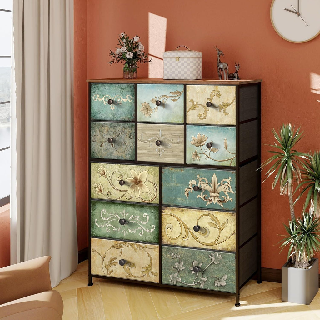 Tohomeor Dresser with Drawers for Bedroom Chest of Drawers Fabric Dresser for Closet,Nursery Entryway Hall Tree TV Stand for Living Room Retro Floral Pattern Drawers Wooden Top (12 Drawers)
