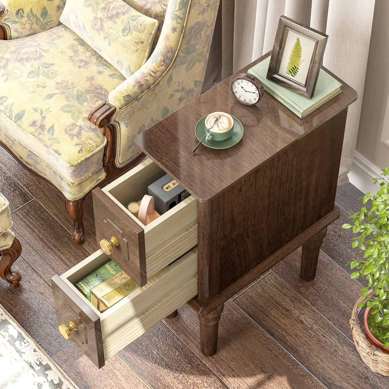 Solid Wood End Table, Walnut Narrow Side Table with Drawers, Small Nightstand Skiny Beside Table for Small Space, Living Room, Bedroom, 8" Width