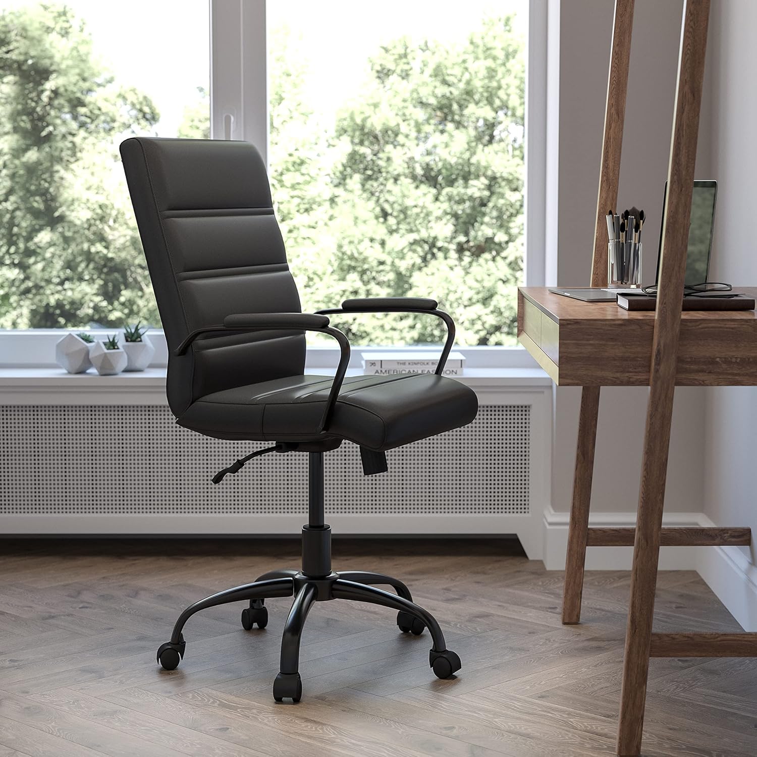 EMMA + OLIVER Mid-Back Black LeatherSoft Executive Swivel Office Chair with Black Frame/Arms