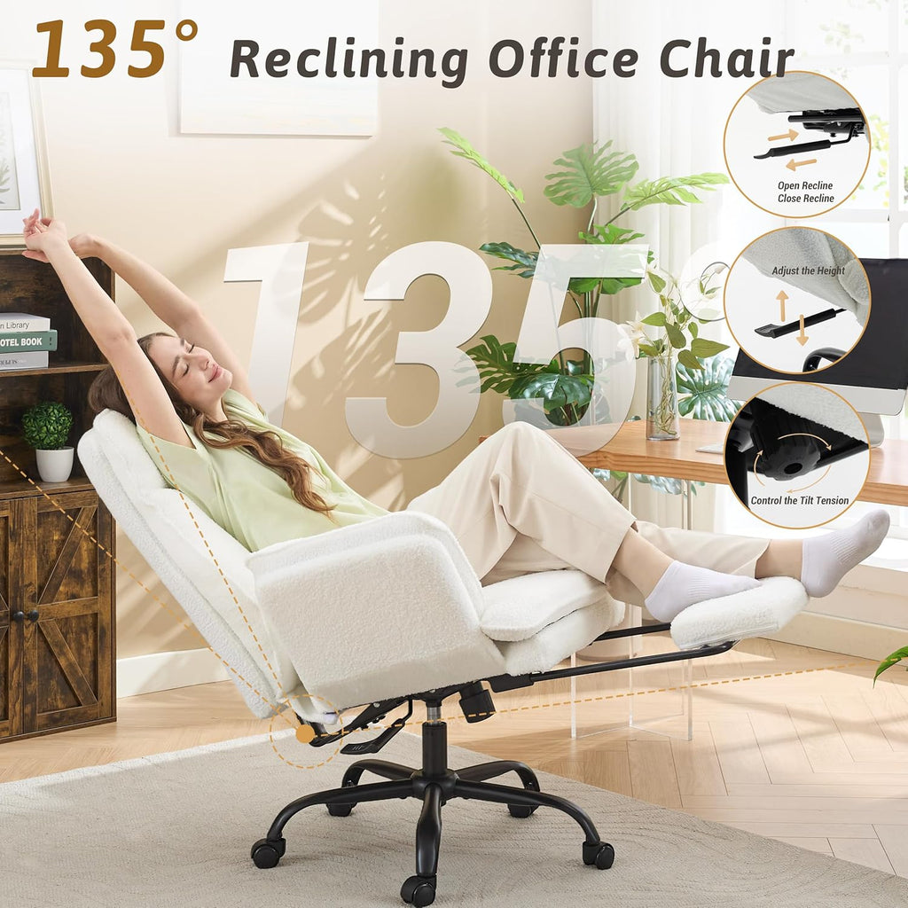 Office Chair,Big and Tall Heavy-Duty Executive Reclining Computer Gaming Chair with Footrest,Flip Armrests,Lumbar Pillow&Thicken Wider Seat for Criss Cross Legged Desk Vanity Chair,Teddy Fabric White