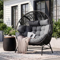 IRONCK Outdoor Round Egg Chair with Armrest, Double Lounge Chair with Cushions and Headrests, Wicker Egg Seat for Patio Backyard, Black