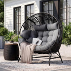 IRONCK Outdoor Round Egg Chair with Armrest, Double Lounge Chair with Cushions and Headrests, Wicker Egg Seat for Patio Backyard, Black