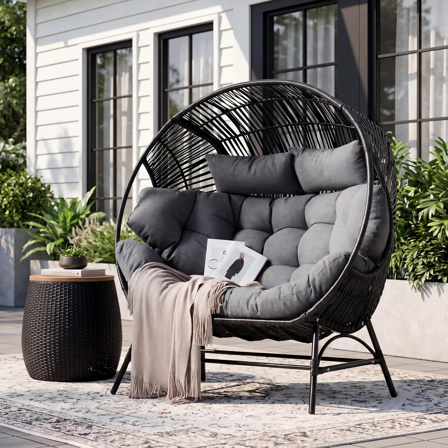 IRONCK Outdoor Round Egg Chair with Armrest, Double Lounge Chair with Cushions and Headrests, Wicker Egg Seat for Patio Backyard, Black