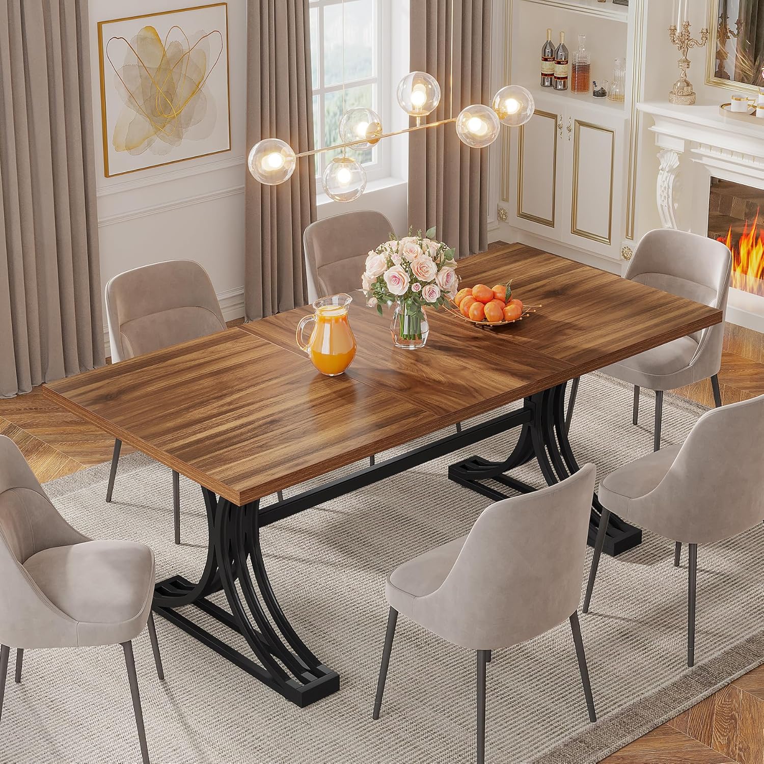 Tribesigns 63-Inch Rectangular Dining Table for 4 to 6, Modern Kitchen Table with Stylish Metal Trestle Legs, Large Dinner Table for Dining Room, Chair Not Included (Rustic Brown and Black)