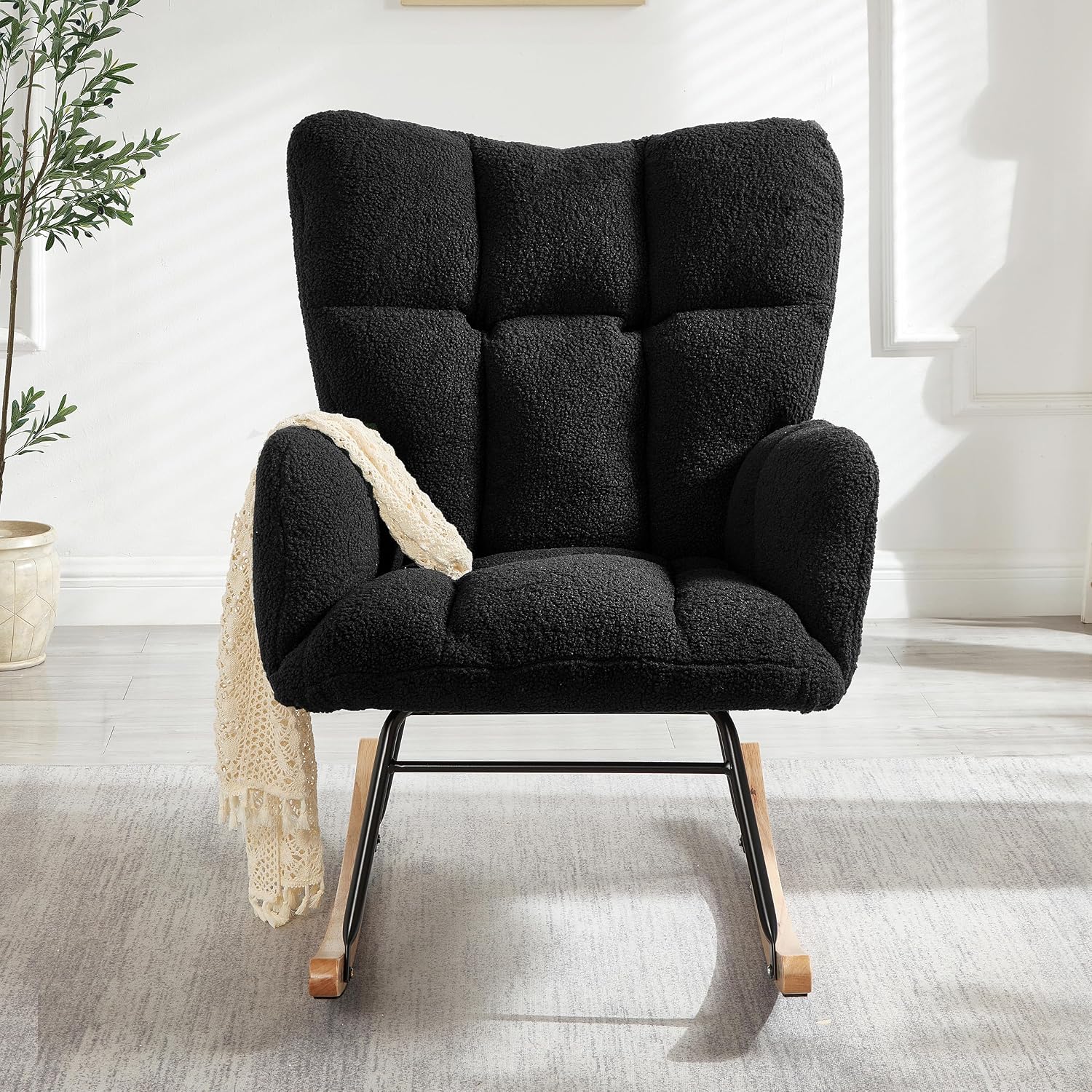 Glider Chair for Living Room, Teddy Upholstered Glider Rocker with High Backrest Armchair, Modern Rocking Accent Chairs Armchair Comfy Chair for Nursery Living Room Bedroom (Black)