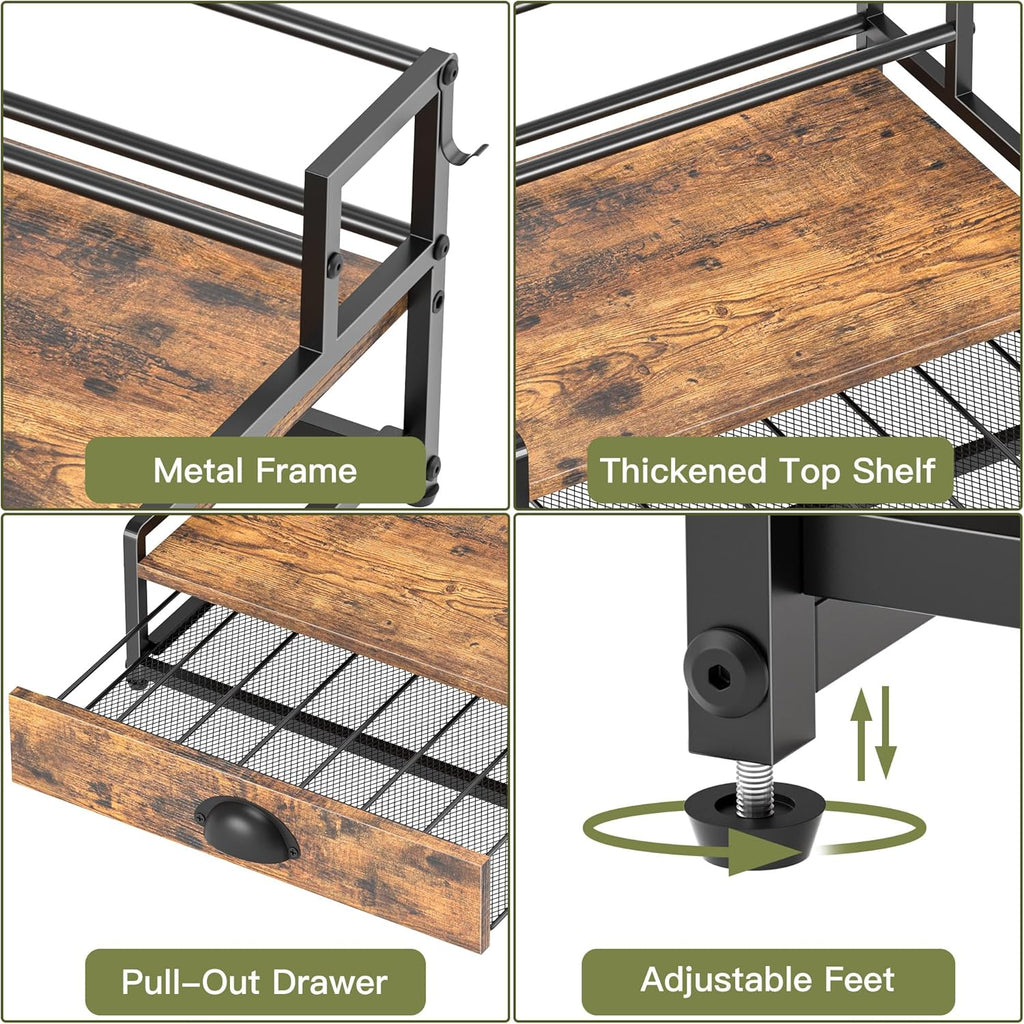 Coffee Syrup Rack Organizer, 2 Tier Countertop Storage Shelves with 35 K Cup Drawer, 8 Syrup Bottle Stand Holder for Wine, Kitchen Coffee Station Organizer Rack, Rustic Brown
