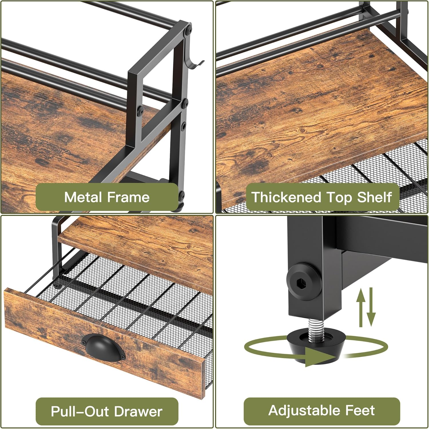 Coffee Syrup Rack Organizer, 2 Tier Countertop Storage Shelves with 35 K Cup Drawer, 8 Syrup Bottle Stand Holder for Wine, Kitchen Coffee Station Organizer Rack, Rustic Brown