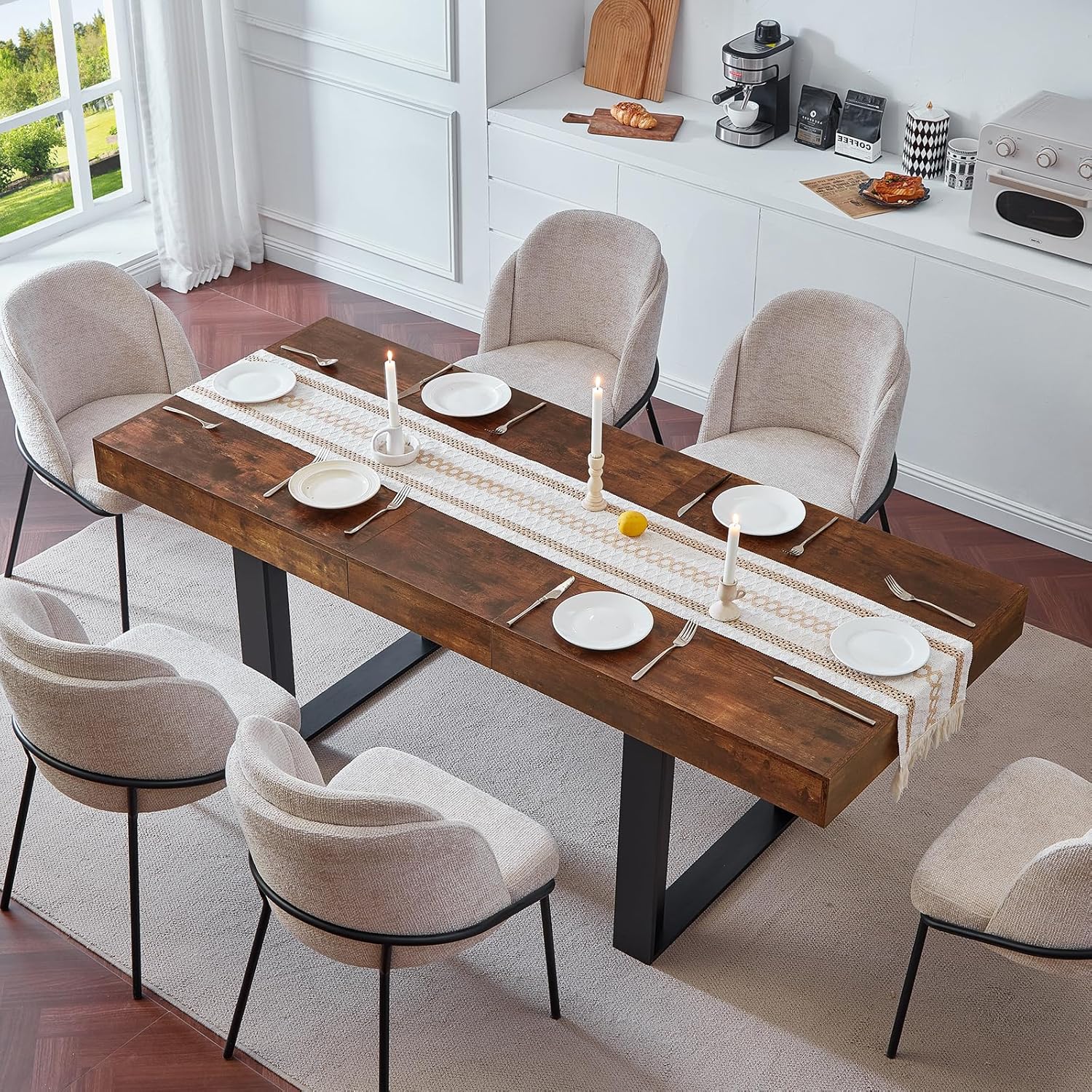 Dining Table Extendable 63 in-79 in for 4-8 Expandable Wood Rectangle with Fluted Base for Dinning Room Kitchen Living Room Farmhouse Rustic Walnut