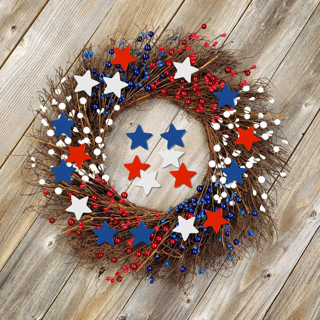 Bucherry 45 Pcs 4th of July Wooden Stars Decorations Patriotic Red White Blue Star 250 Anniversary Ornaments Crafts Cutouts Vase Bowl Filler Tiered Tray Decor for Independence Memorial Day