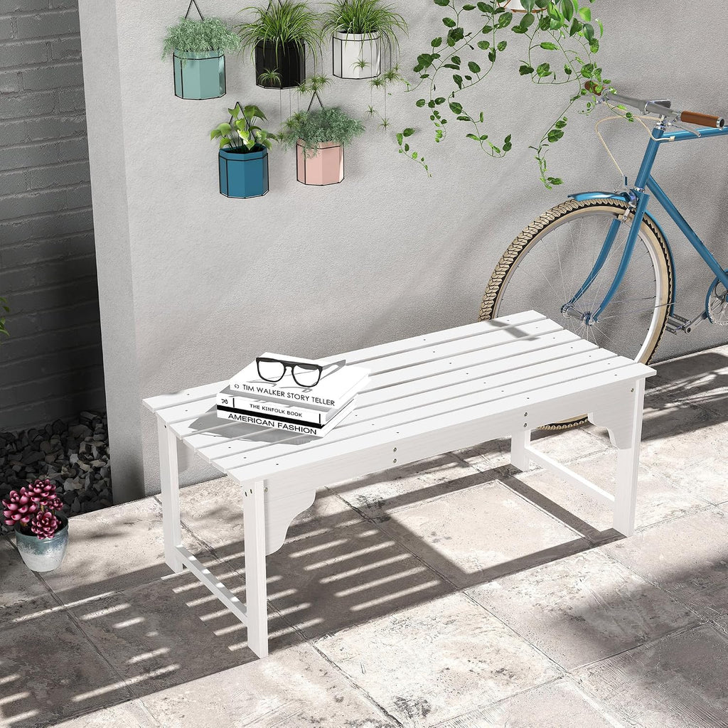 Garden Bench Seat, White Slatted Wooden Outdoor Bench with Curved Seat, Patio Park Bench for Front Porch Backyard Deck Lawn Yard Garden Entryway Seating