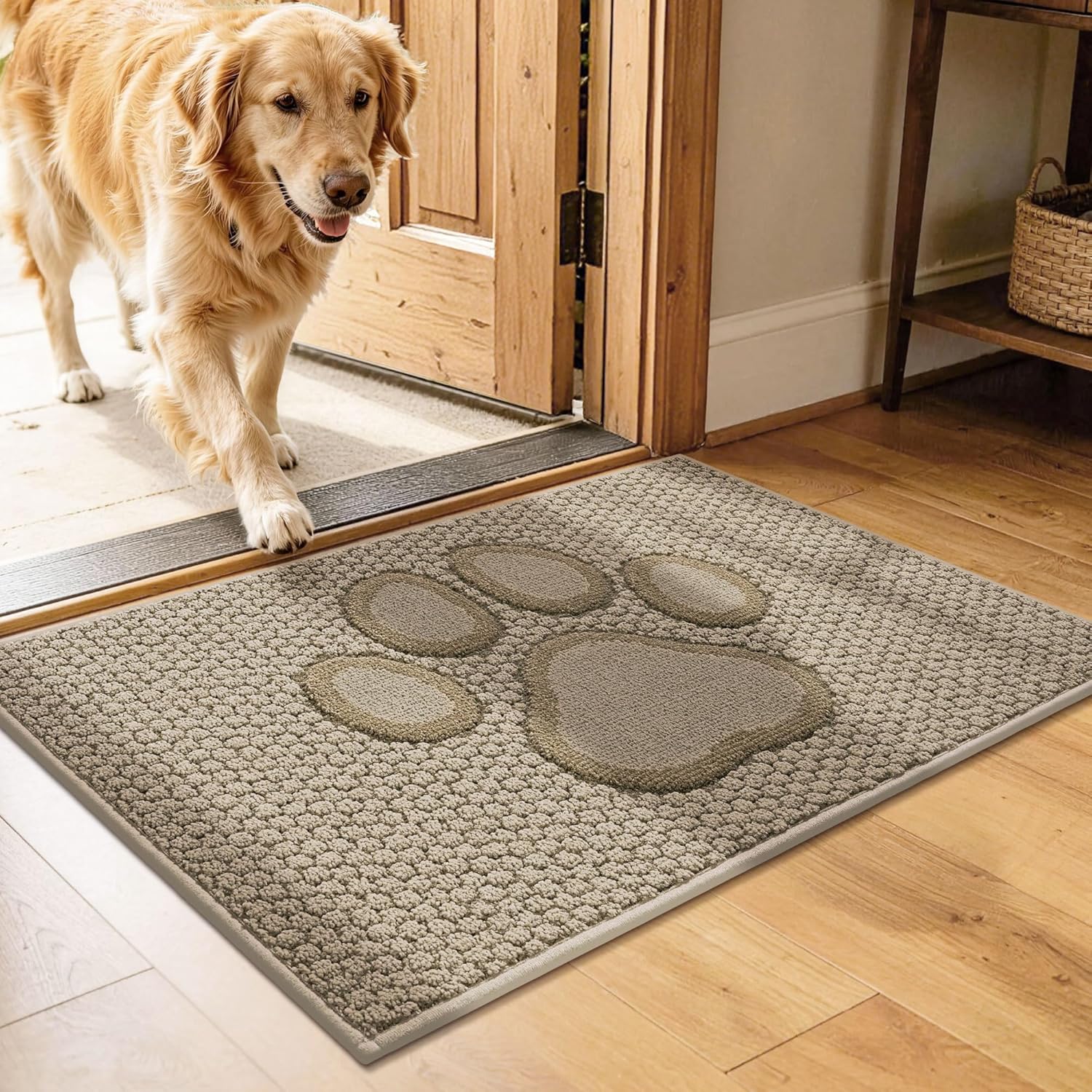 Dog Paw Doormats 20''x32'' for Dirty Paws, Washable Entryway Rugs Floor Mats Dirt Trapper with TPR Backing, Absorbent Low Profile Door Mat for Front Door, Hallway, Entryways, Beige