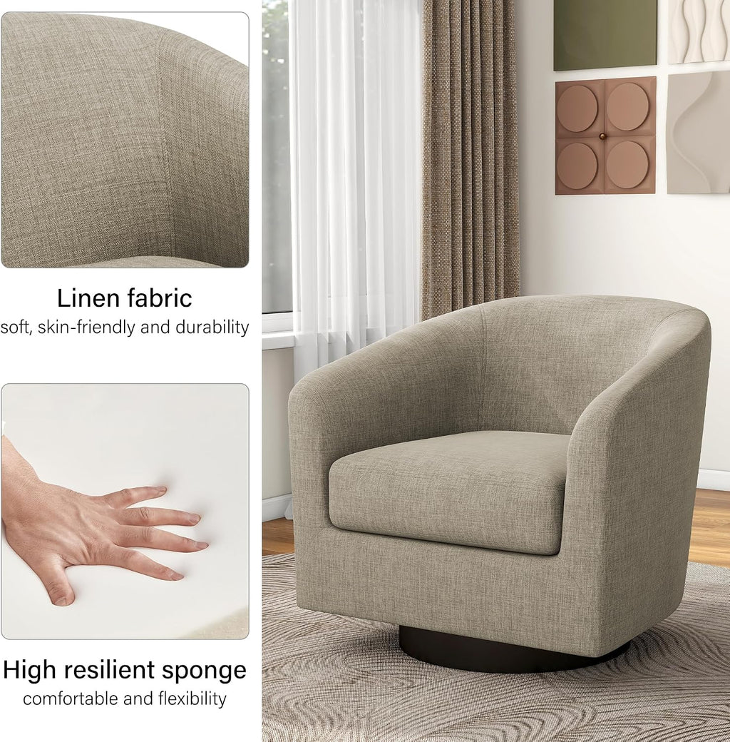 Swivel Barrel Accent Chair, Comfy Reading Armchair, Light Brown, Set of 2 | Club Chairs for Adults, Low-Back Design, Modern Round Style, Solid Wood Frame & Metal Swivel Base, For Living Room & Bedroom