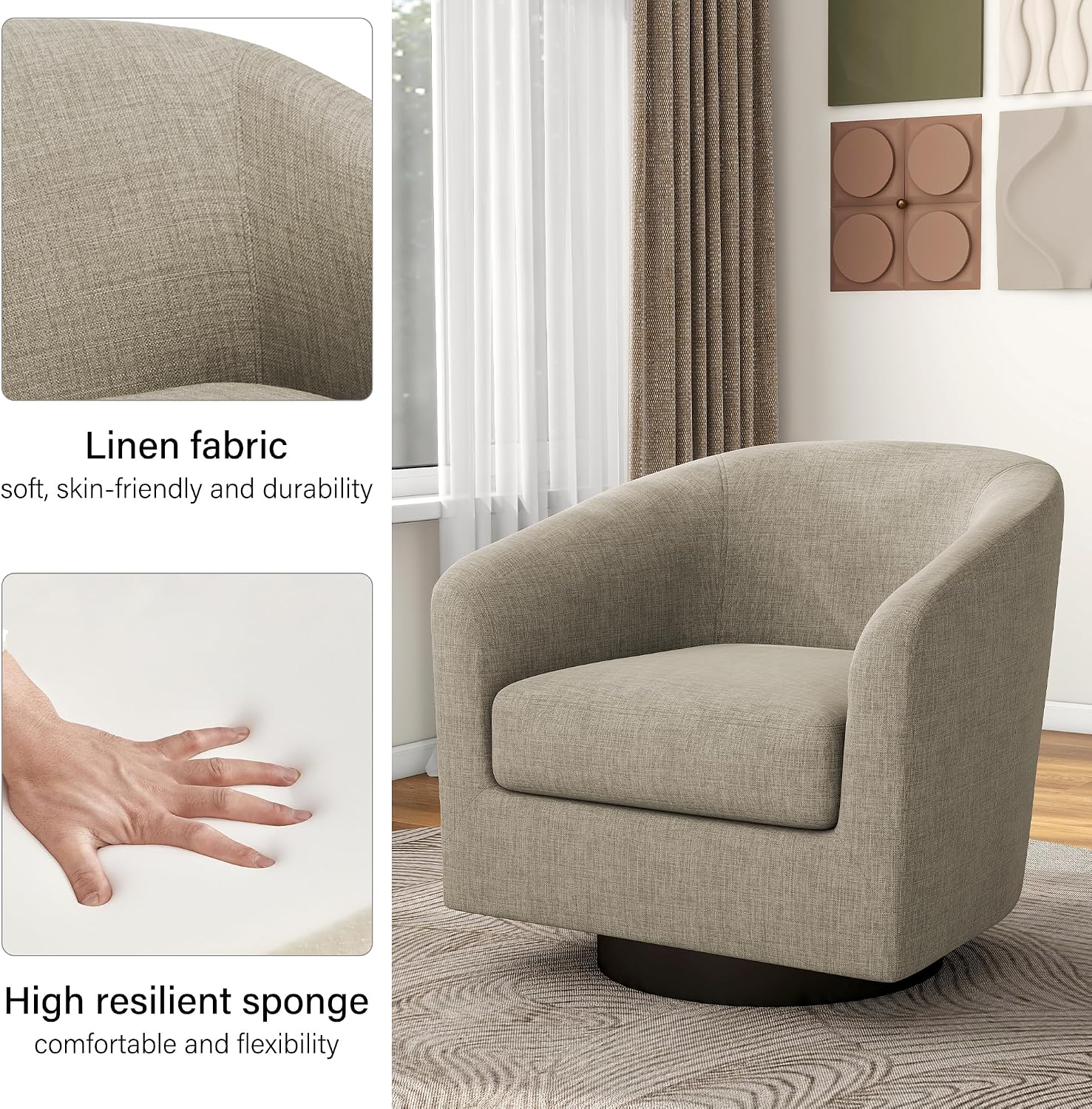 Swivel Barrel Accent Chair, Comfy Reading Armchair, Light Brown, Set of 2 | Club Chairs for Adults, Low-Back Design, Modern Round Style, Solid Wood Frame & Metal Swivel Base, For Living Room & Bedroom