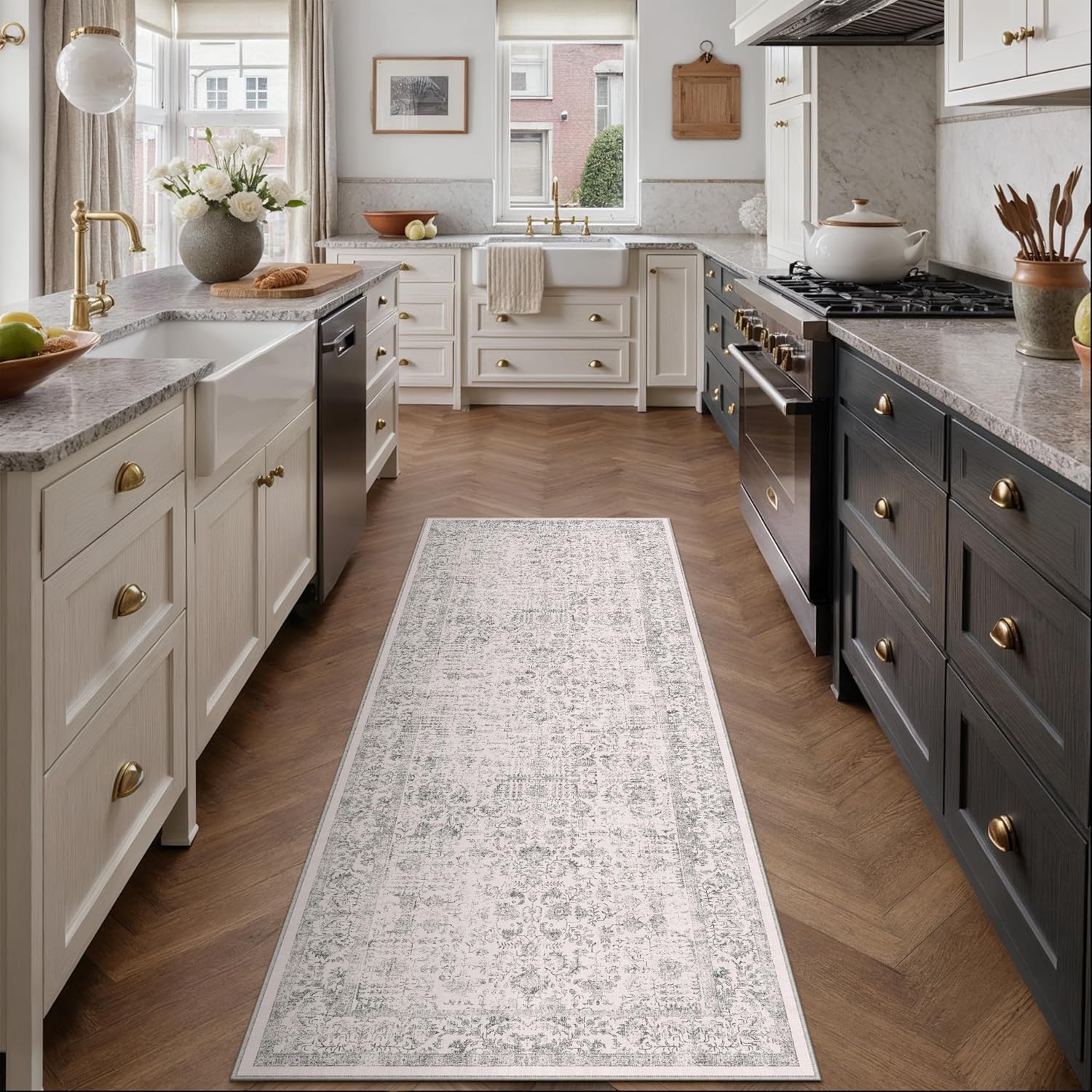 PureCozy Gray Runner Rug 2x6 Hallway Machine Washable Kitchen Vintage Distressed Non Slip Long Carpet Indoor Grey Retro Floral Bedroom Accent Throw Rug for Bathroom Office Laundry Dining Living Room