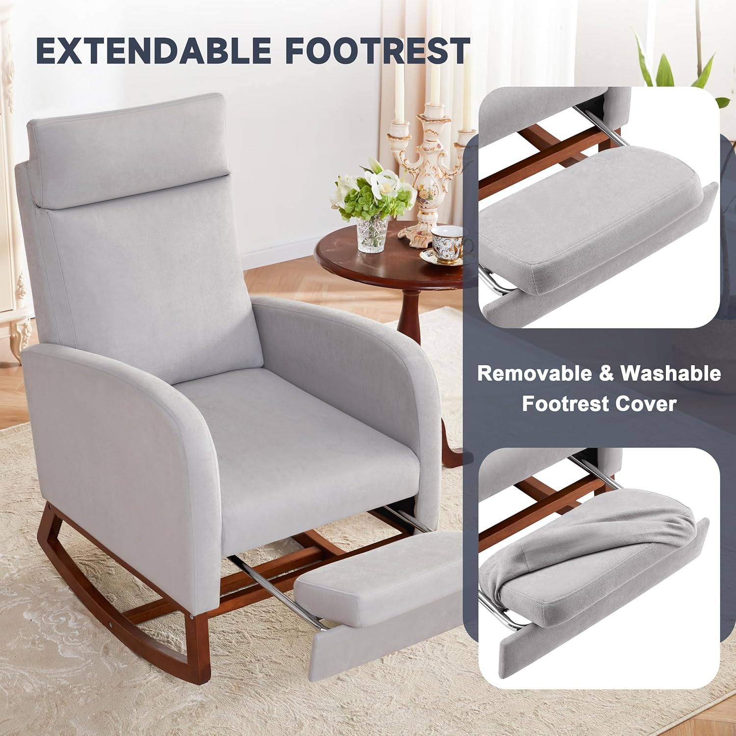 Rocking Chair Nursery High Back Rest Glider Rocker with Footrest Nursing Rocking Chairs Upholstered Accent Arm Chair for Living Room Bedroom Indoor, Light Gray