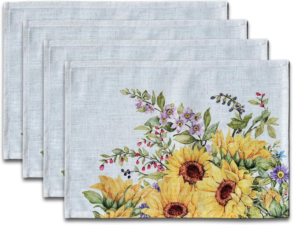 Sunflower Placemats Set of 4, 18"x13" Linen Look Farmhouse Placemats, Washable Heat Resistant Table Placemats for Kitchen, Dining Room, Outdoor Patio