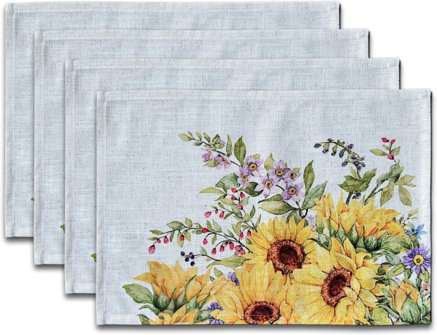 Sunflower Placemats Set of 4, 18"x13" Linen Look Farmhouse Placemats, Washable Heat Resistant Table Placemats for Kitchen, Dining Room, Outdoor Patio